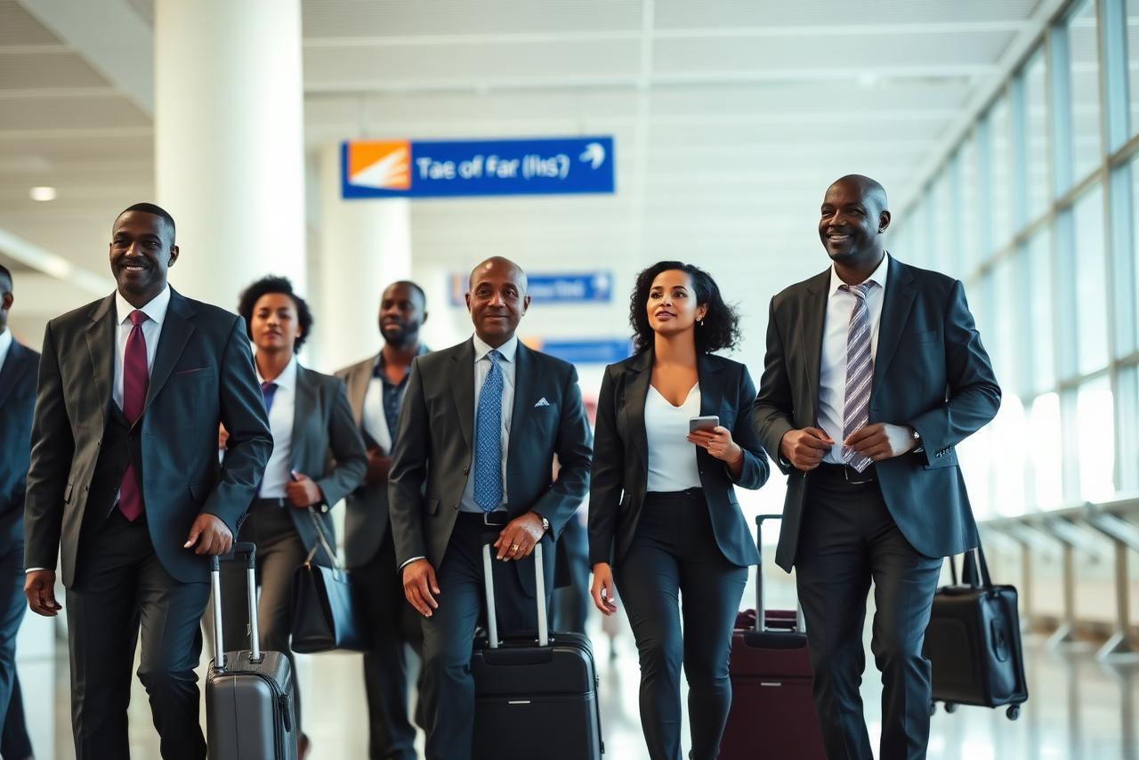 A business delegation travelling to an international event