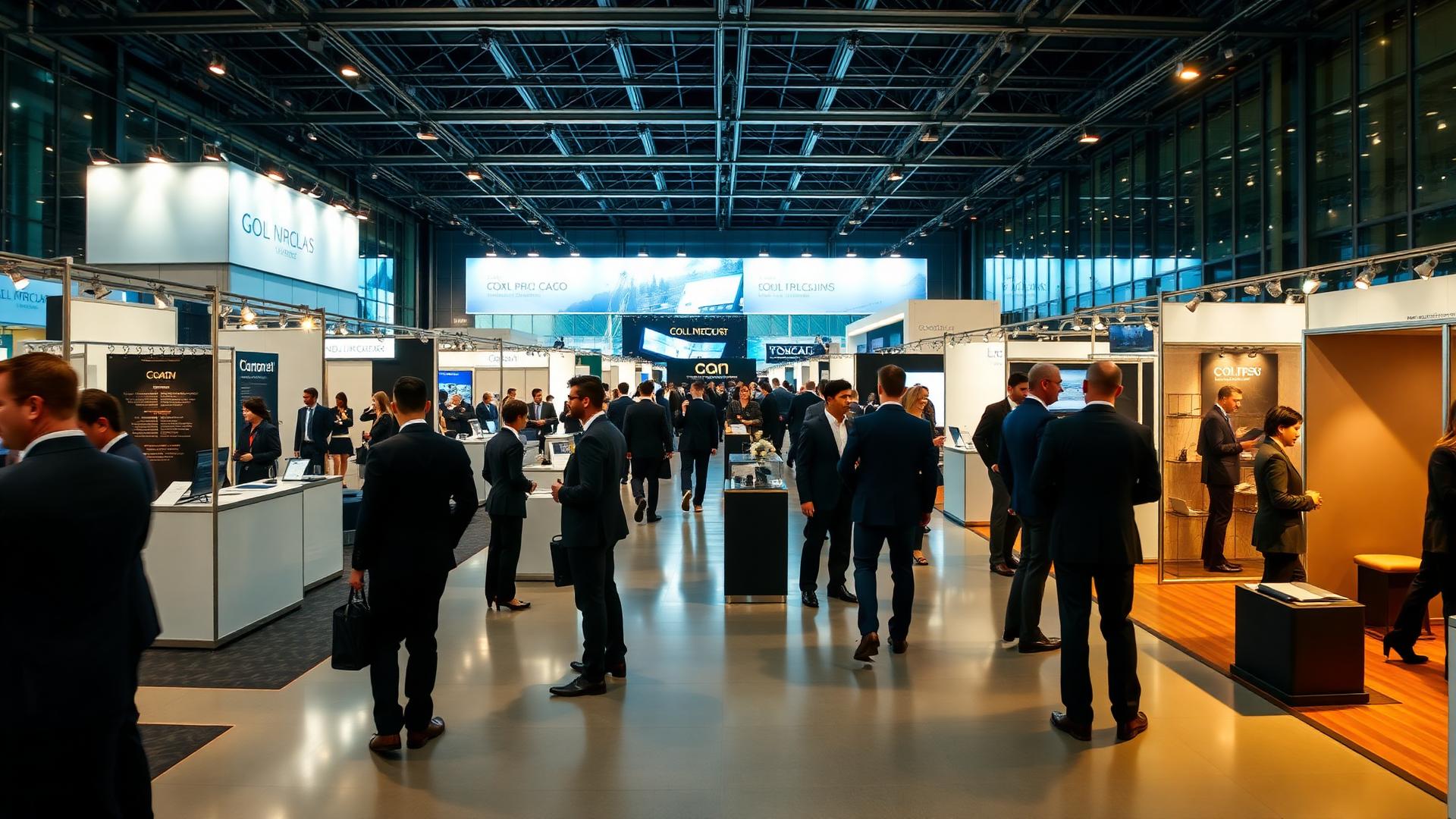 Business professionals networking at an international trade fair