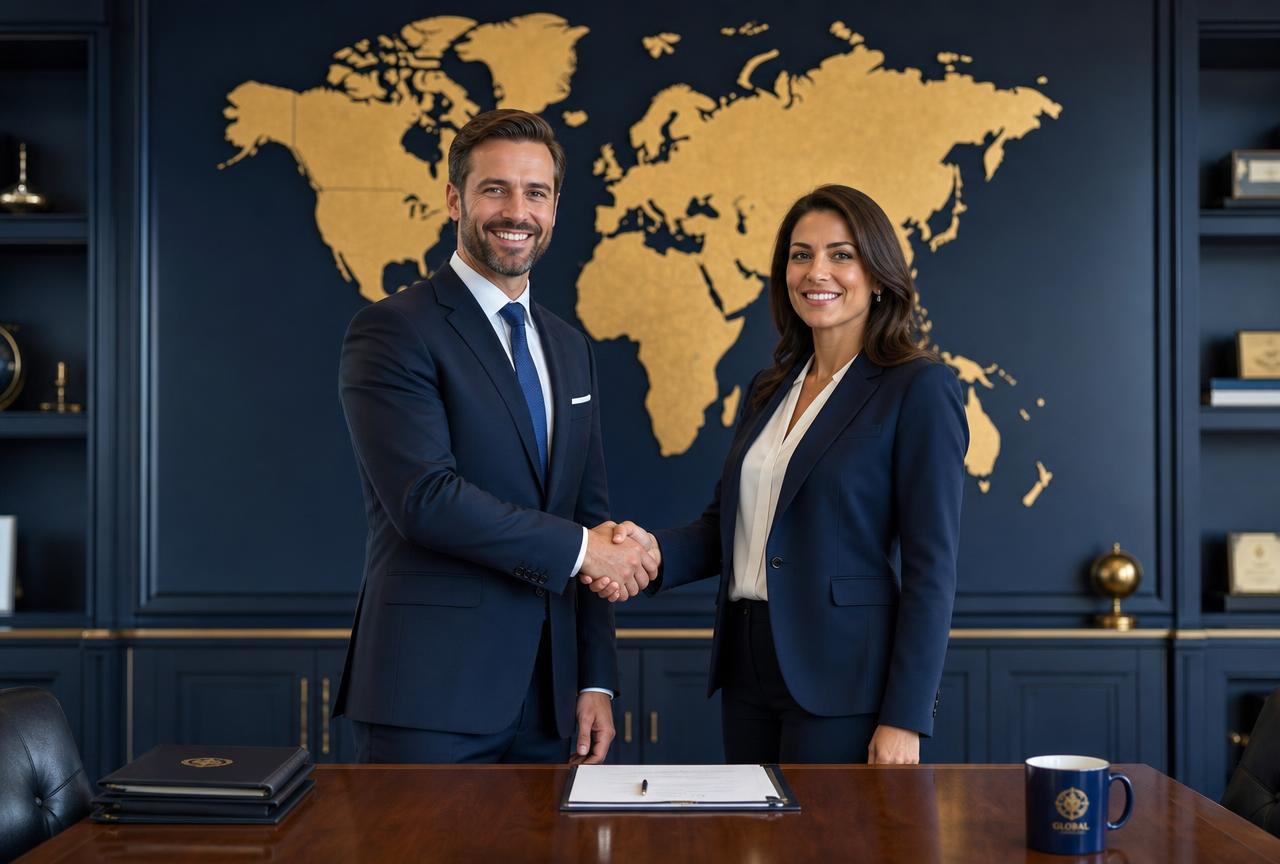 Two business professionals shaking hands in a modern office with a gold world map behind them